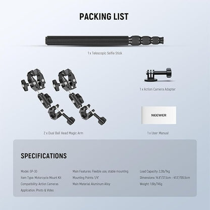 NEEWER Motorcycle Camera Mount Kit, Bicycle Handlebar Invisible Selfie Stick with Dual Ball Heads, Super Clamps, Action Camera Adapter Compatible with GoPro Insta360 DJI AKASO Action Cameras, GP-30