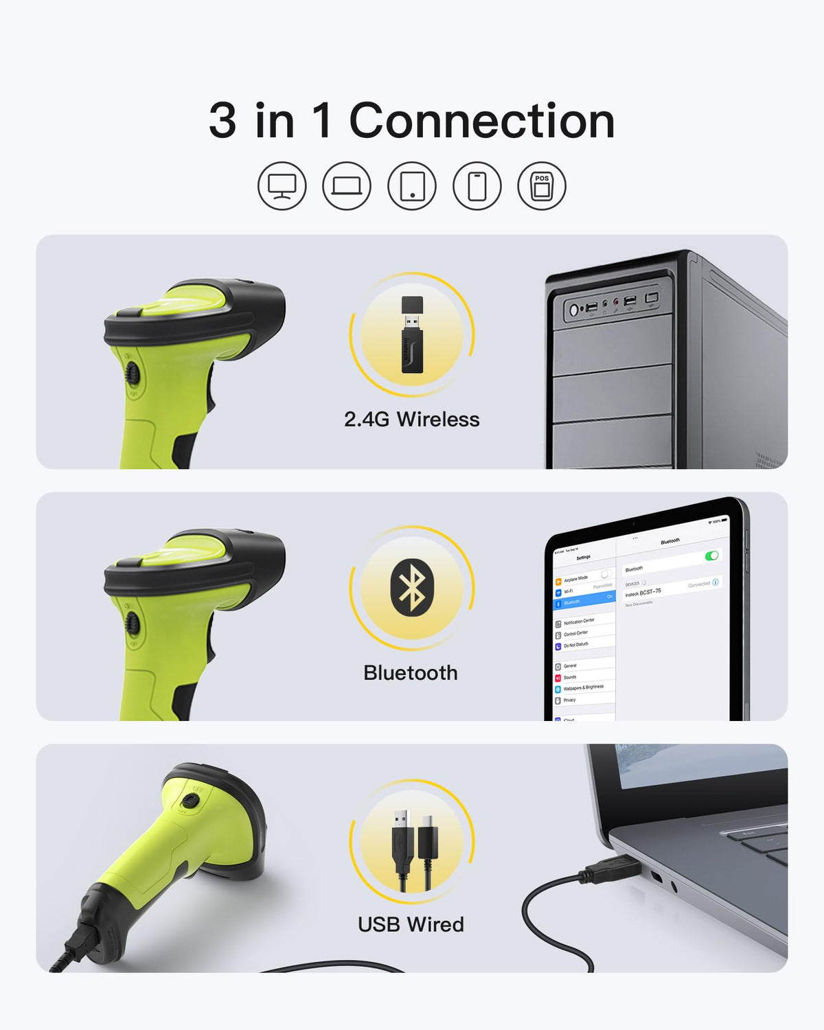 Inateck 2D Barcode Scanner, Wireless Bluetooth QR Reader, 2600mAh Battery, AI APP & SDK