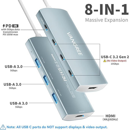 USB C to USB C Hub 10Gbps, 3 USB 3.2 Gen 2 Ports, 4K@60Hz HDMI, 100W PD, 3 USB 3.0 Ports, USBC Splitter Multiport Adapter for MacBook Pro/Air, iMac, iPad Pro, iPhone 15 (Not Support Type-C Monitor)