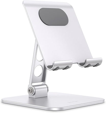 OMOTON Upgraded Adjustable Tablet Stand Holder, Heavy Duty Foldable Portable Monitor Stand, Travel Essentials for iPad Pro/Air/Mini, Surface Pro, Portable Monitor 4.7''-15.6', Silver