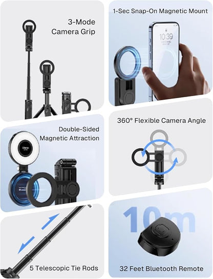 MAGIC JOHN Phone Tripod with 2 Selfie Light, Portable Pocket Size Selfie Stick for iPhone Magsafe, Selfie Stick with Wireless Detachable Remote Control for Photograph, Live Streaming, Video Recording