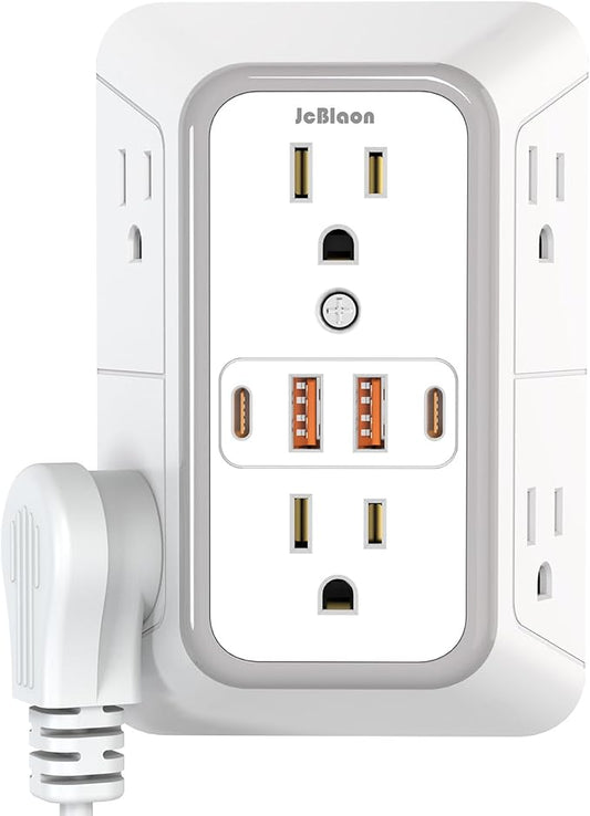 USB Wall Charger Outlet Extender Surge Protector with 4 USB Ports (2 USB C) Plug Extension Multiple Outlets Plug in Adapter Spaced Outlets for Home Office Travel,White ETL (White)-ETL