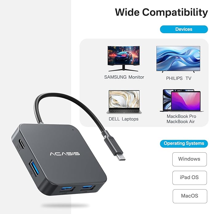 USB C Hub 10Gbps, Multiport Adapter with 4K 60Hz HDMI, 100W Power Delivery, 3 USB A3.1+1 USB-C 3.1 Data Port, USB C to HDMI Adapter for MacBook, Dell, Lenovo, Surface, iPad PRO, XPS(Grey)