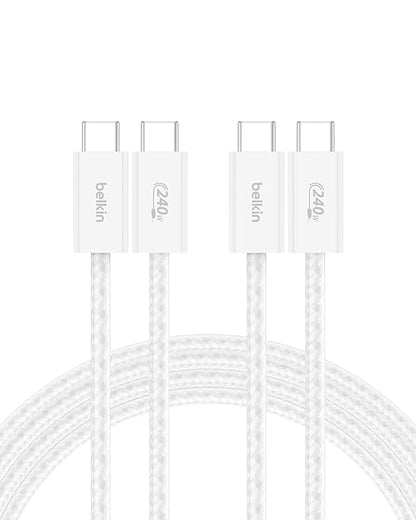 Belkin USB C to USB C Cable 2-Pack, 6.6ft, 240W - Type C Charger, iPhone Charger Cord, Soft, Braided, Flexible for iPhone 17, Galaxy S25, Pixel 10, MacBook, Chromebook, iPad Pro, Switch – White