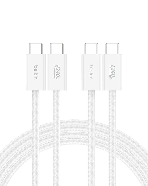 Belkin USB C to USB C Cable 2-Pack, 6.6ft, 240W - USBC to USBC Cable, iPhone Charger Cord, Soft, Braided, Flexible for iPhone 17, Galaxy S25, Pixel 10, MacBook, Chromebook, iPad Pro, Switch - White