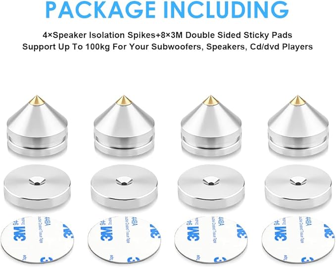 4Pcs Speaker Spikes Floor Protectors Shockproof Speaker Isolation Spikes with Base Pad for Speaker,Subwoofer,Amplifier,Turntable,Recorder CD DAC with 3m Adhesive (Silver)