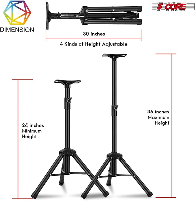 5Core Speaker Stand Tripod Floor Adjustable 24-36 Inch Short DJ Studio Monitor Stands