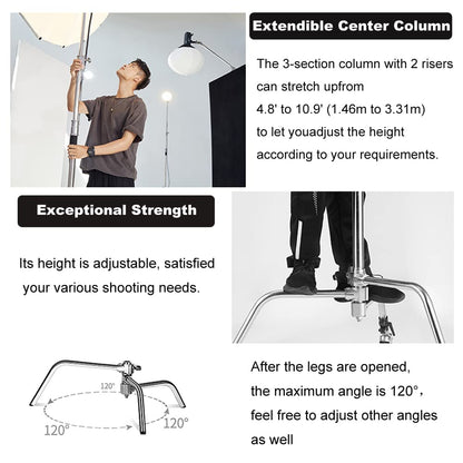 Heavy Duty C Stand 10.8ft/330cm with Boom Arm 100% Stainless Steel Photography C-Stand with Carry Bag Sandbag 3*Clip 2*Grip Head for Photography Studio Video Monolight Softbox Shooting