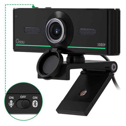 Gsou 1080P Webcam with Microphone for Desktop, Auto Light Correction,Privacy Cover, Computer Webcam Connect Bluetooth Headset/Earphone/Speaker, Webcams for Live Skype Teams, Bluetooth only for Audio