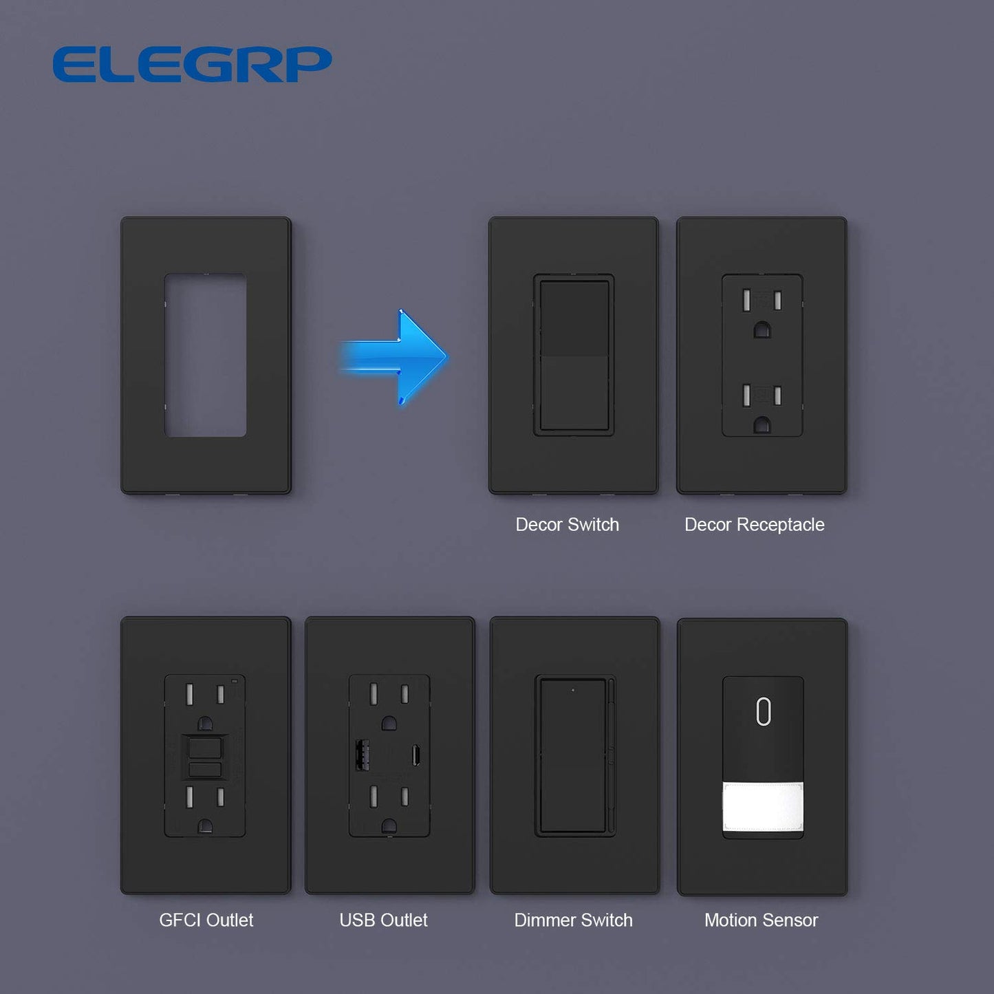 ELEGRP 1-Gang Screwless Decorative Wall Plates, Standard Size Unbreakable Thermoplastic Faceplate Cover for Decorator Receptacle Outlet Switch, UL Listed (10 Pack, Matte Black)