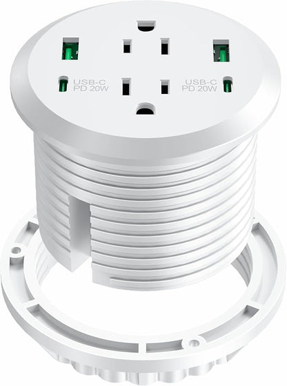 Desktop Power Grommet,40W Fast Charging Station,2 AC Outlets,4 USB Ports,Flush Mount Power Grommet 3-inch Hole,2 PD 20W USB C Ports