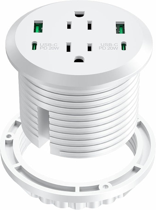 Desktop Power Grommet,GaN 65W USB C Fast Charging Station,2 AC Outlets,4 USB Ports in to the Top,Flush Mount Power Grommet 3'' Hole,Countertop Recessed Outlet White