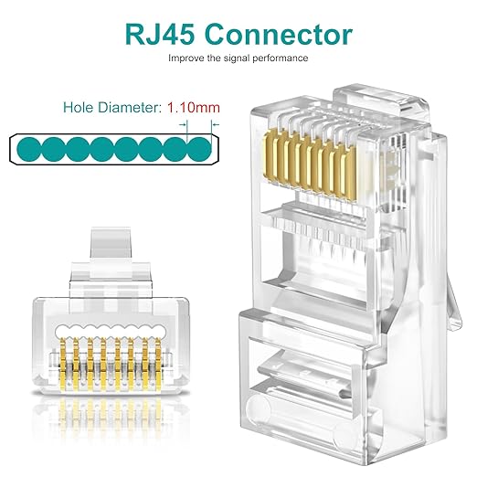 UTP RJ45 Connectors, Cat6 RJ45 Pass Through Plugs 50-Pack, Cat6 RJ45 Plugs with 50-Pack Strain Relief Boots for Solid or Standard Ethernet Cables, Transparent