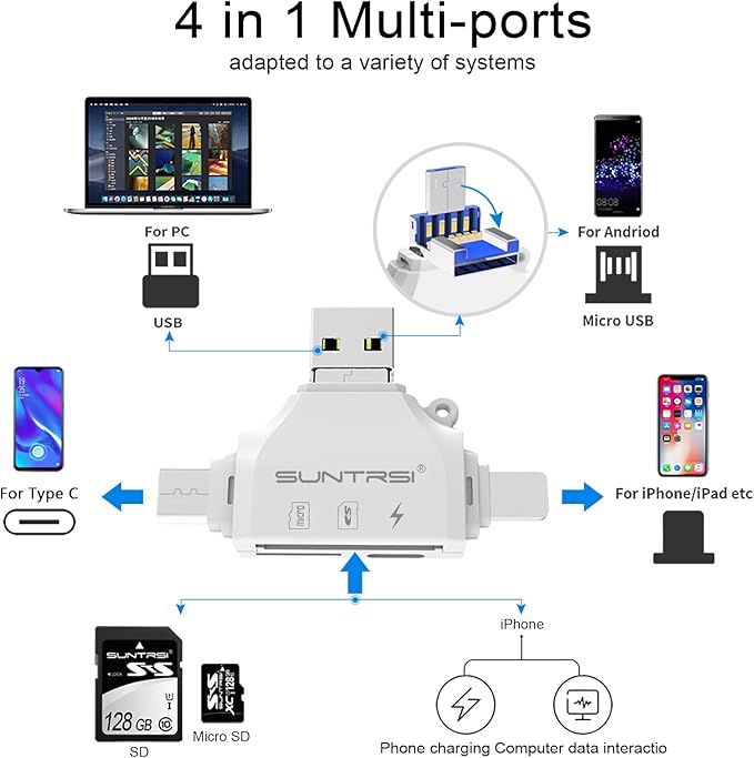 SD/Micro SD Card Reader for iPhone/ipad/Android/Mac/Computer/Camera,Portable Memory Card Reader 4 in 1 Micro SD Card Adapter&Trail Camera Viewer Compatible for TF and SD Card