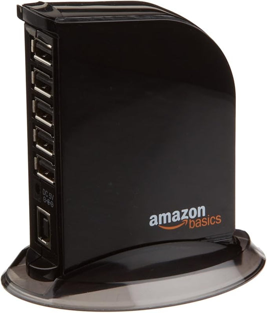 Amazon Basics 7-Port USB 2.0 Hub Tower for Laptop and PC, USB Splitter with 5V/4A Power Adapter, 2 Fast Charging Ports, Plug and Play, Black