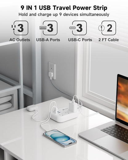 Beeiker Short Extension Cord 2 Foot Travel Power Strip 6 USB 3 Outlets
