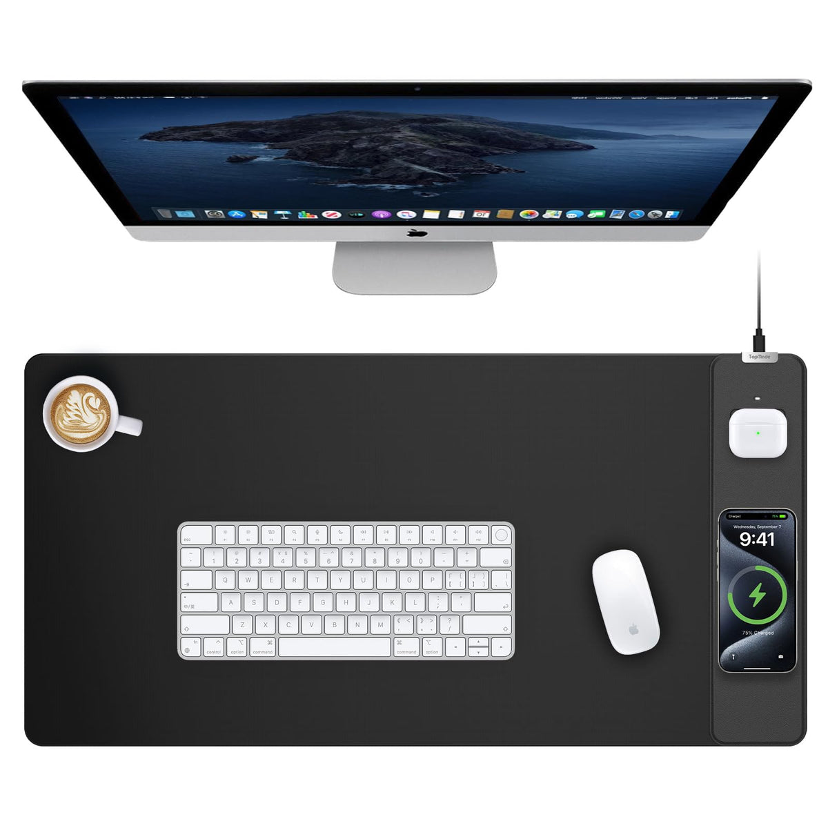 TopMade Mouse Pad with 15W Wireless Charging, Classic Black Desk Mat