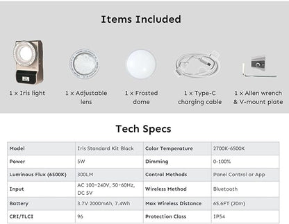 Harlowe Iris Content Creator Lighting Kit Portable 5W Bi-Color Camera Light 2700K-6500K Dimmable CRI/TLCI 96+, IP54, App Control LED Light for Photography and Video Recording, Standard Kit, Black
