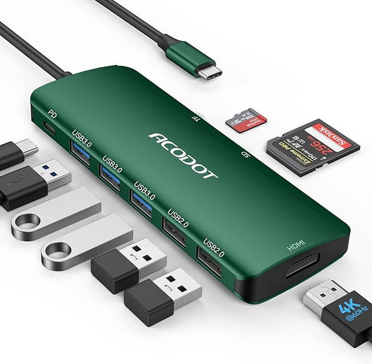 USB C Hub, 9-in-1 Multi-Port USB Adapter, 4K@60Hz HDMI, 100W Max PD, 3 USB3.0(5Gbps) + 2 USB2.0 Data Ports, SD/TF Card Reader for MacBook, iPad Pro, Dell, HP, Lenovo, Windows Laptop, Green