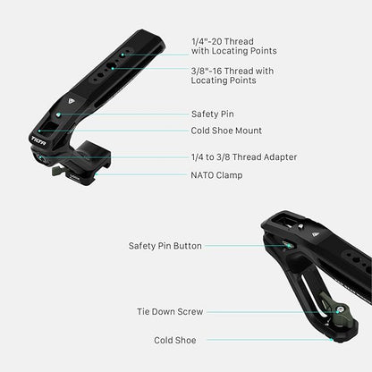 Tilta Xeno Top Handle for Filmmakers & Cameras- Black | Aluminum Alloy and Silicone Build | 1/4″-20 Threads w/Locating Points | Safety Release Pin | Comfortable Handling (1/4"-20 w/Locating Pins)