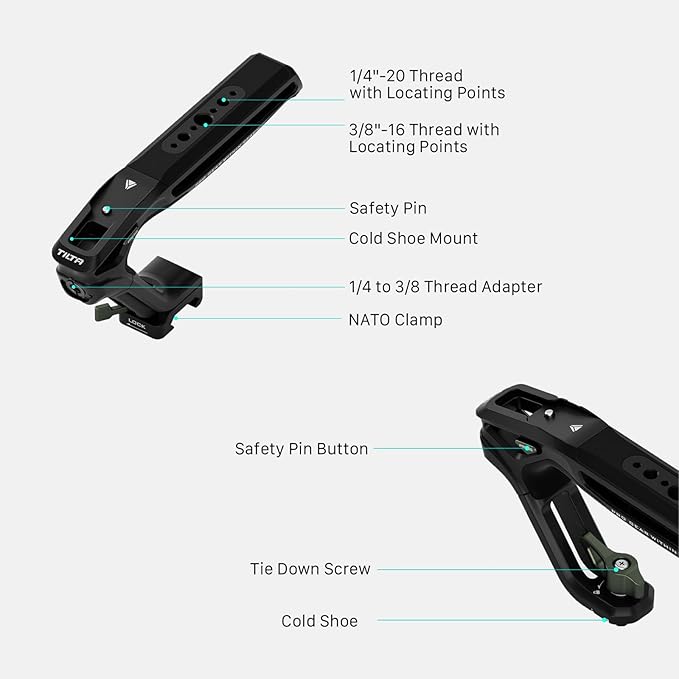 Tilta Xeno Top Handle for Filmmakers & Cameras - Titanium Gray | Aluminum Alloy and Silicone Build | 1/4″-20 w/Locating Points | Safety Release Pin | Comfortable Handling (Cold Shoe)