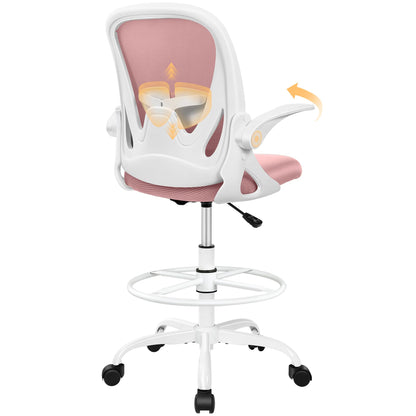 Drafting Chair Tall Office Chair with Flip-up Armrests, Adjustable Height, and Enhanced Lumbar Support - Ergonomic Rolling Stool, Back Support, and Adjustable Foot Rest Ring Light Blue