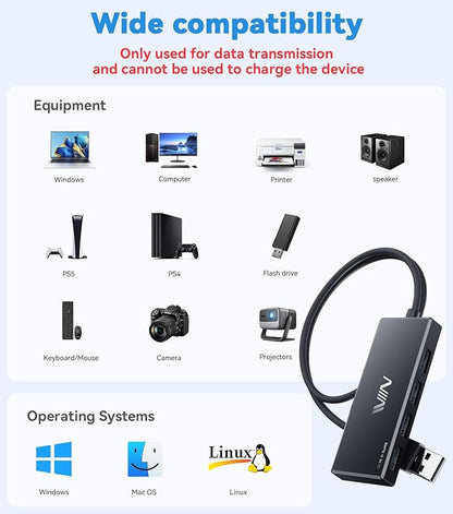 USB 3.0 Hub,4 Port USB Splitter Extender Portable Adapter Multiport Data Hub for Laptop,Xbox, Flash Drive,HDD,Console,Camera,Keyborad,Mouse Windows,Mac OS PC,Not Designed to Charge Devices-Black