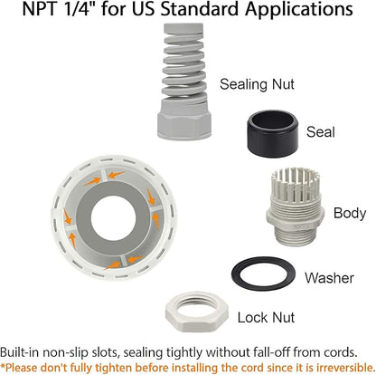 LeMotech 10Pcs NPT 1/4" IP68 Waterproof Cable Gland Flex Spiral Strain Relief Grey Nylon Joint with Gaskets for 4-8mm Wire Thread