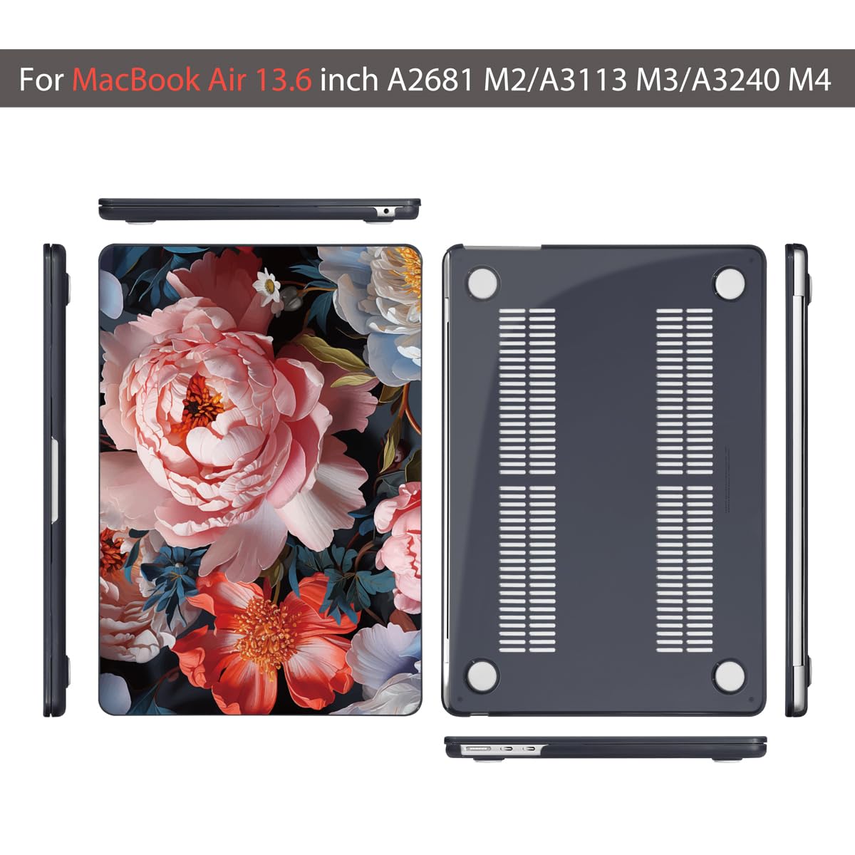 Teryeefi Compatible with MacBook Air 13.6 inch Case M2 M3 M4 M5 Release 2022 2023 2024 2025 2026,Model A3449 A3240 A3113 A2681,Design Slim Cover+Keyboard Cover+OTG Adapter, Colorful Peonies