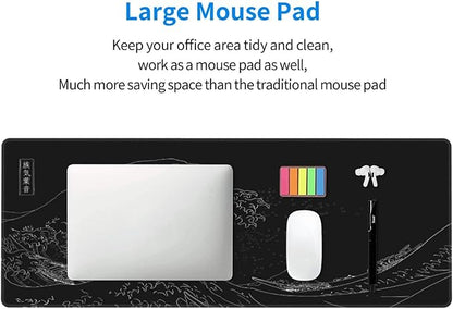 Japanese Gaming Mouse Pad Black Mouse Pad Kanagawa Large Mousepad Non-Slip Rubber Base Waterproof with Stitched Edges for Gaming Office Home, 31.5x11.8 Inch (Black Wave)
