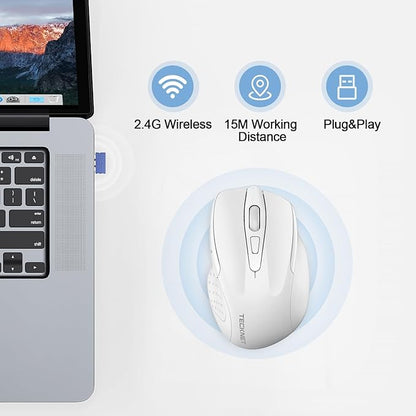 TECKNET Rechargeable Wireless Mouse, 2.4G Silent Mouse, Quiet Click, 6 Adjustable 4800 DPI, Cordless Computer Mouse, Ergonomic Mouse for Laptop, 6 Buttons USB Mouse for Chromebook, Ergo Grip - White