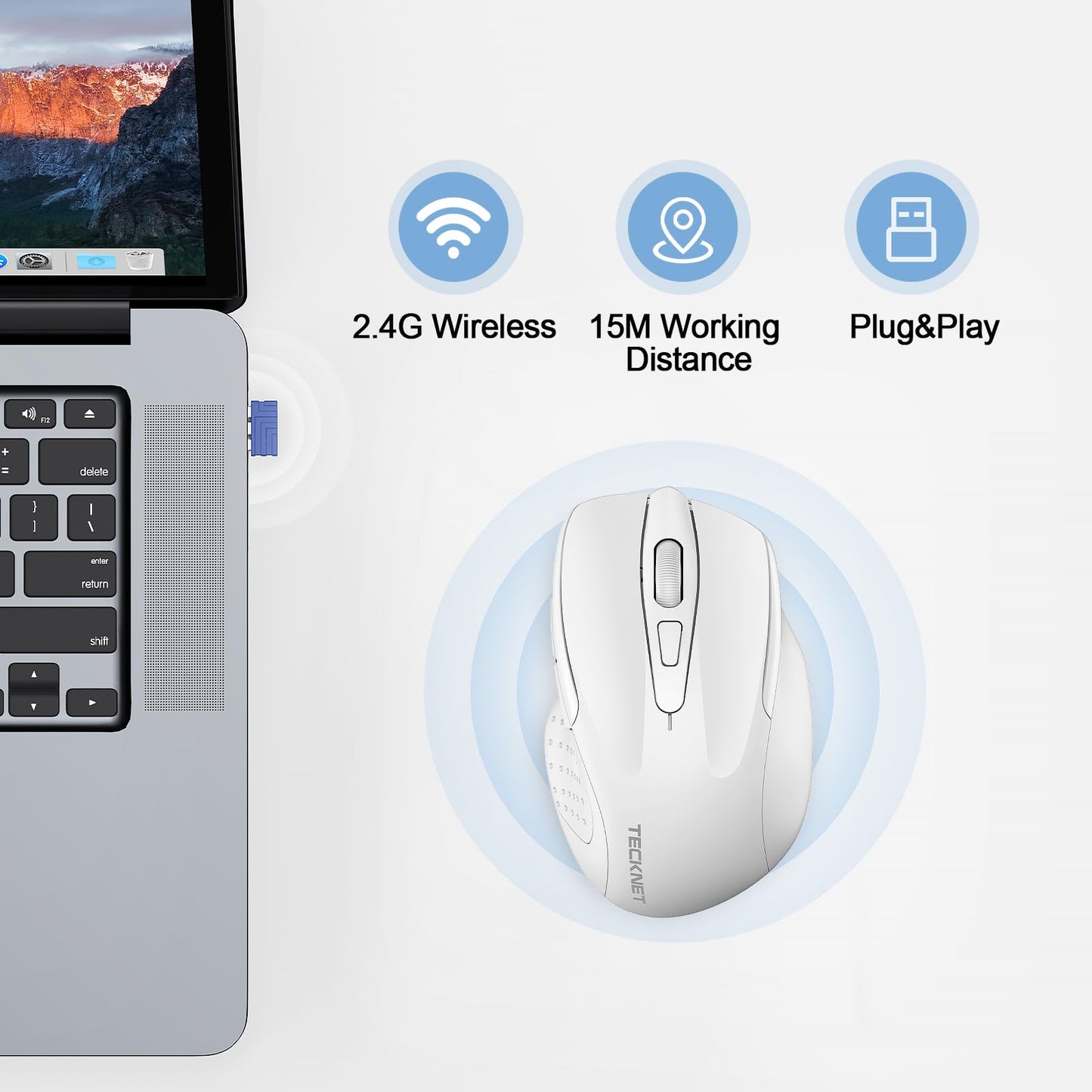 TECKNET Wireless Mouse Rechargeable, 2.4G USB-A Silent Mouse, Quiet Click, 6 Adjustable 4800 DPI, Cordless Computer Mice, Ergonomic Mice for Laptop, 6 Buttons for Chromebook, Ergo Grip - White