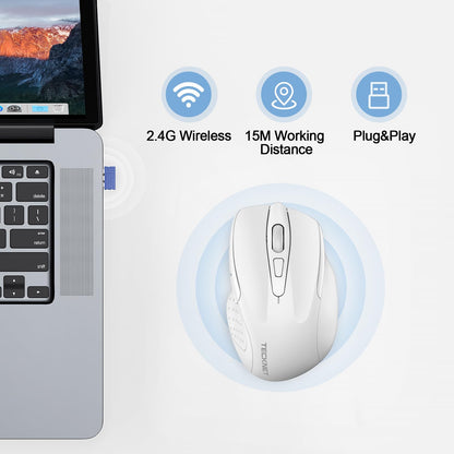 TECKNET Wireless Mouse Rechargeable, 2.4G USB-A Silent Mouse, Quiet Click, 6 Adjustable 4800 DPI, Cordless Computer Mice, Ergonomic Mice for Laptop, 6 Buttons for Chromebook, Ergo Grip - White