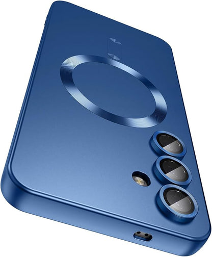 Magnetic for Samsung Galaxy S24 Case [Compatible with MagSafe][Built-in Camera Lens Protector] Slim Soft Silicone Bumper Shockproof Metallic Luster Phone Case (Blue)