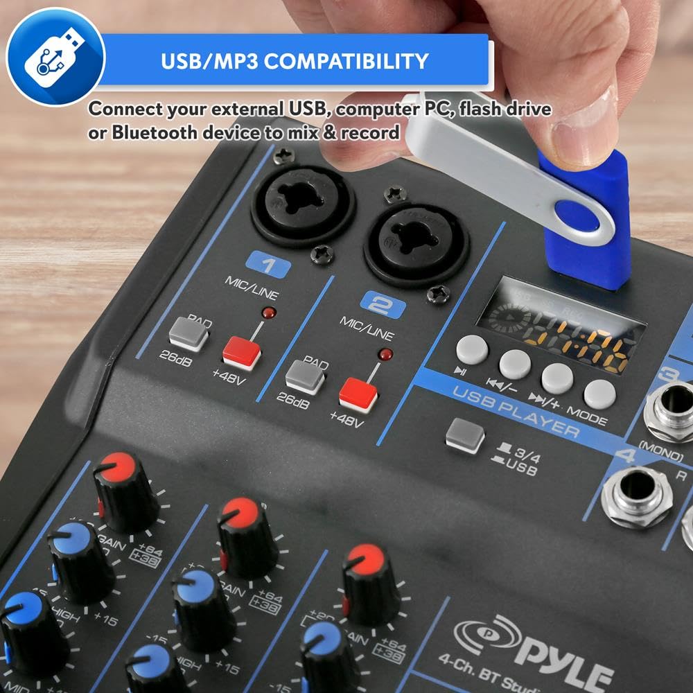 Pyle 4 Channel Audio Mixer with Bluetooth - DJ Sound Board Controller - USB Computer Input - Built-in MP3 Player - 48V Phantom Power - 3 Band EQ - 16-Bit DSP FX - Band, Studio Ready - PMXU43BT
