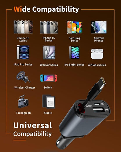 Retractable Car Charger, 3 in 1 Fast Car Phone Charger 50W, 1 TypeC Retractable Cables and USB Port, Compatible with iPhone 16/15/14/13/12/11,Galaxy,Pixel