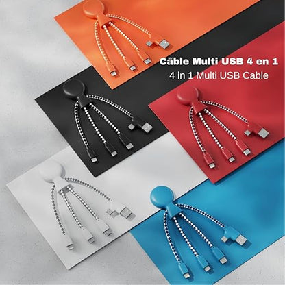 Mr Bio 4 in 1 Multi USB Cable Octopus Design Black - Universal Recycled Plastic Charger - USB Plug - USB-C - Lightning - Micro USB for Universal Smartphone