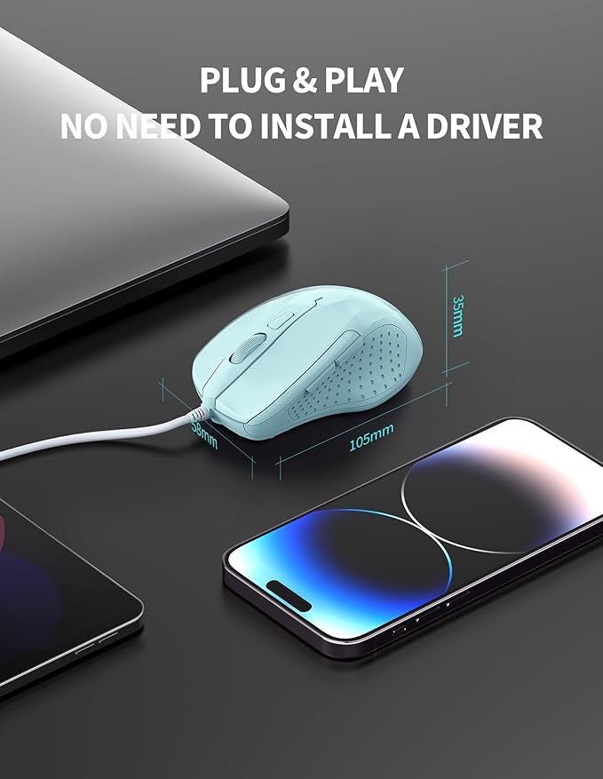 TECKNET Wired Mouse, 6-Button Corded with 4 Adjustable DPI, Ergonomic Optical Mouse, 5FT Cord for Laptop, Chromebook, PC, Desktop, Mac, Notebook - LT.Green