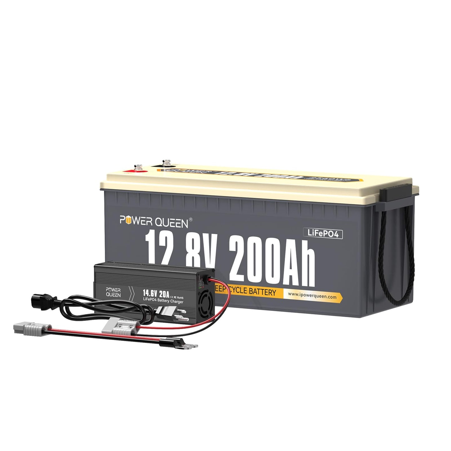 Power Queen 12.8V 200Ah LiFePO4 Battery with 14.6V 20A; Built-in 100A BMS, Fully Charged Capacity, 2560Wh Energy, Perfect for RV, Camping, Solar System, Power Outage