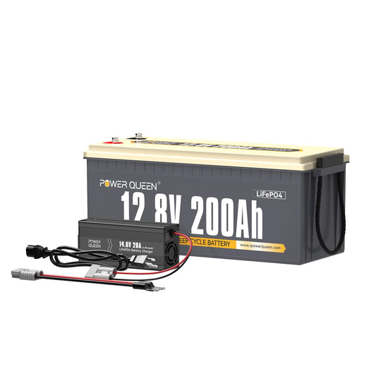 Power Queen 12.8V 200Ah LiFePO4 Battery with 14.6V 20A; Built-in 100A BMS, Fully Charged Capacity, 2560Wh Energy, Perfect for RV, Camping, Solar System, Power Outage