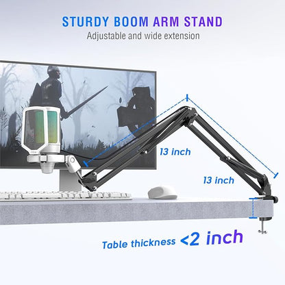 FIFINE Streaming Gaming USB Microphone Kit, PC Condenser RGB Mic Compatible with PS4/PS5, Plug and Play for Music Recording, Online Game, Discord, Twitch, with Pop Filter, Shock Mount-A6T White