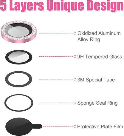 AGVEE 3+3 6 Pack for iPhone 12 Pro Max 6.7" Camera Lens Cover Protector, Bling Diamond & Bling Glitter Metal Ring 9H Tempered HD Glass Camera Cover Protector Film, Bling-Pink