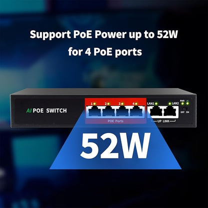 STEAMEMO AI PoE Switch, 52V 52W (4 POE Ports +2 Uplink) 100Mbps,802.3af/at, Unmanaged Network Extender Power Over Ethernet for IP, Extend Function,Metal Plug and Play