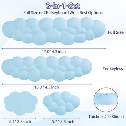 Cloud Wrist Rest Keyboard, Cloud Keyboard Wrist Pad Set with PU Leather Memory Foam, Cute Arm Rest for Palm Support, PC/Gaming Desk Accessories/Office Setup/Computer Hand Cushion - Blue