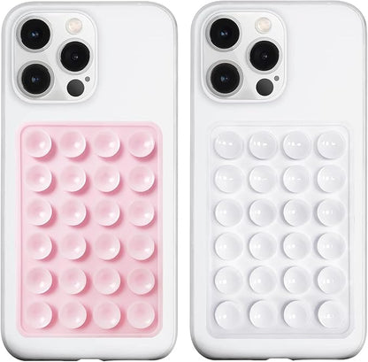 2 Pack Silicone Suction Phone Case Mount, Silicon Adhesive Phone Grip for Smartphones, Hands-Free Mirror Shower Phone Holder for Selfies, Tiktok Videos (LightPink&White)