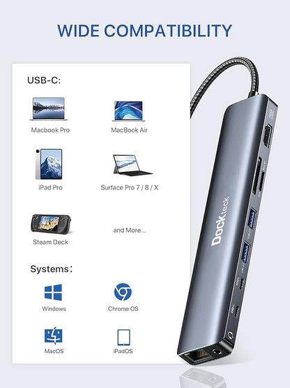 Dockteck 9-in-1 USB-C Hub: HDMI 4K@60Hz, Ethernet, 100W PD, Audio, 2x USB-A 5 Gbps, SD/TF Card Reader for MacBook, iPad, XPS, Microsoft