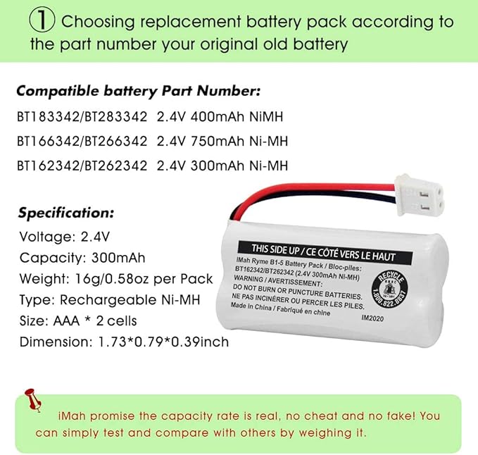 iMah BT162342/BT262342 2.4V 300mAh Ni-MH Cordless Phone Battery Pack, Also Compatible with BT183342/BT283342 AT&T EL52351 TL90070 VTech CS5119 DS6511 DS6722 LS6305 Handset, 2-Pack