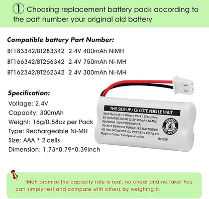 iMah BT162342/BT262342 2.4V 300mAh Ni-MH Cordless Phone Battery Pack, Also Compatible with BT183342/BT283342 AT&T EL52351 TL90070 VTech CS5119 DS6511 DS6722 LS6305 Handset, 4-Pack