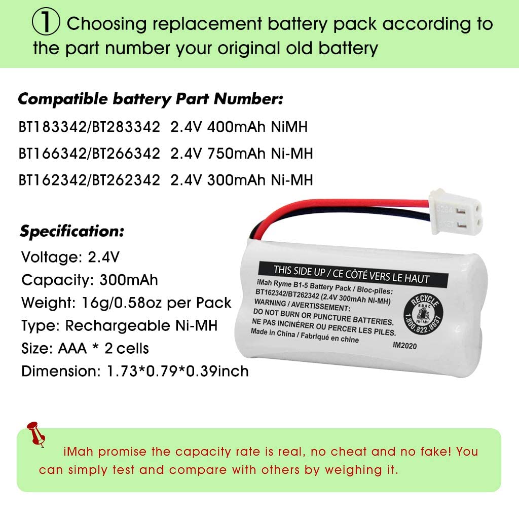iMah BT162342/BT262342 2.4V 300mAh Ni-MH Cordless Phone Battery Pack, Also Compatible with BT183342/BT283342 AT&T EL52351 TL90070 VTech CS5119 DS6511 DS6722 LS6305 Handset, 4-Pack