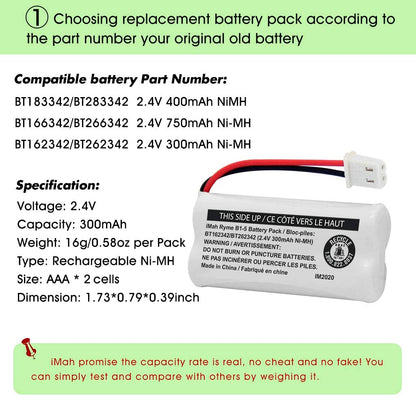 iMah BT162342/BT262342 2.4V 300mAh Ni-MH Cordless Phone Battery Pack, Also Compatible with BT183342/BT283342 AT&T EL52351 TL90070 VTech CS5119 DS6511 DS6722 LS6305 Handset, 4-Pack
